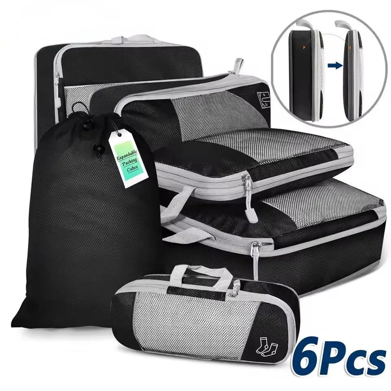 6 pçs viagem comprimidos embalagem cubos organizador de armazenamento conjunto com saco de sapato malha visual bagagem portátil leve mala saco