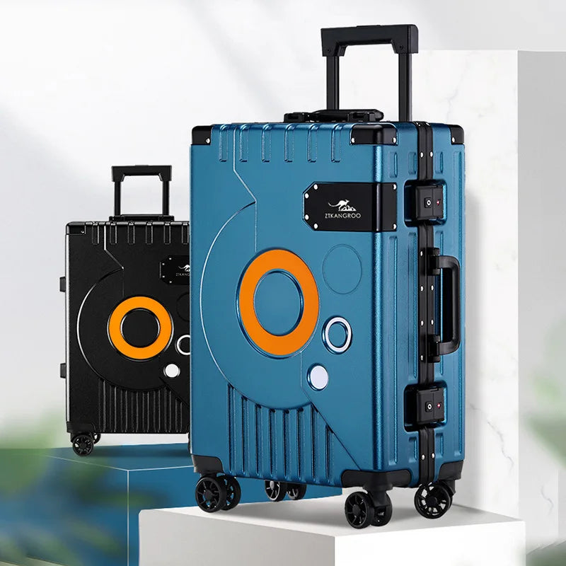 Conjuntos de bagagem emoldurado de alumínio, roda universal, mala de mão, fechadura de combinação, estojo de viagem, estudante, haste de tração